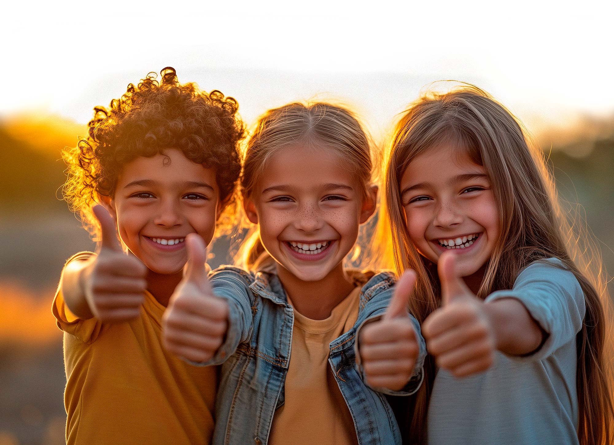 Kinder zeigen Daumen hoch. Positive Betreuungserfahrung und Babysitter-Jobs.