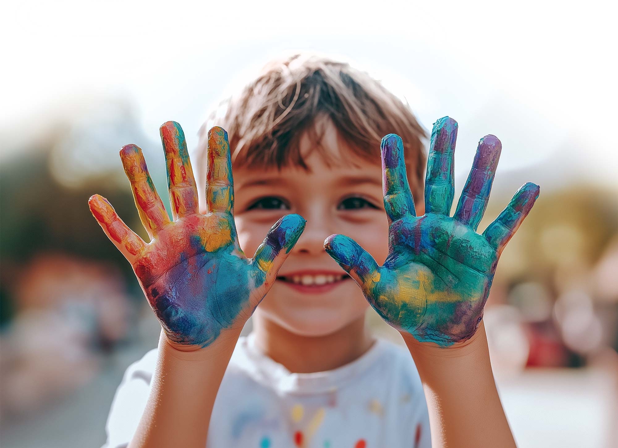 Kind zeigt bunte Farbhände. Symbol für Vielfalt und spielerische Entwicklung.