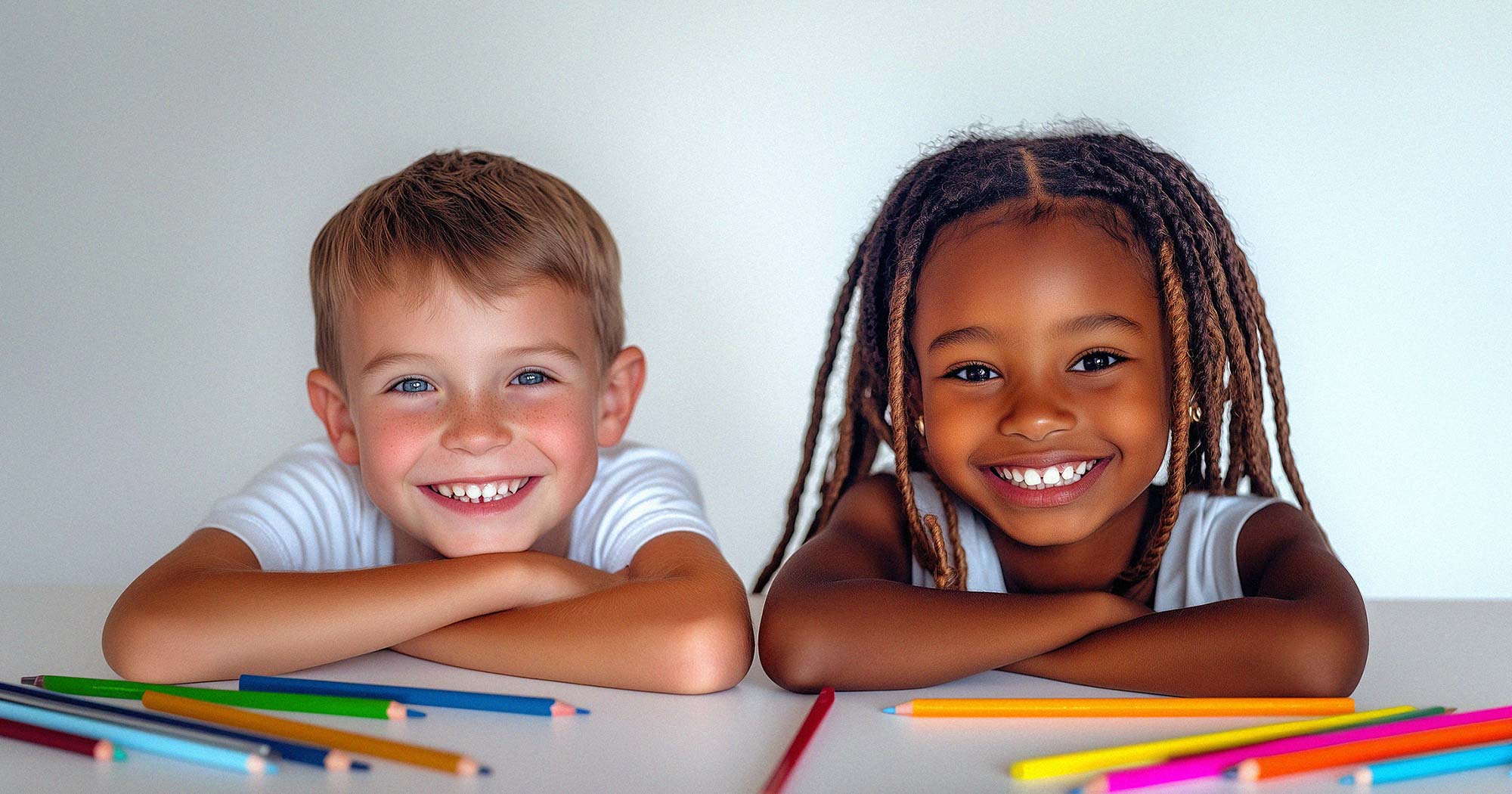 Kinder malen am Tisch. Kreative Betreuung durch vertrauensvolle Babysitter.
