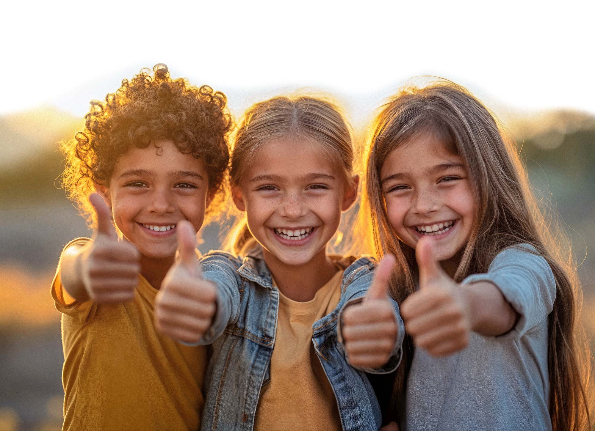 Kinder zeigen Daumen hoch. Positive Betreuungserfahrung und Babysitter-Jobs.