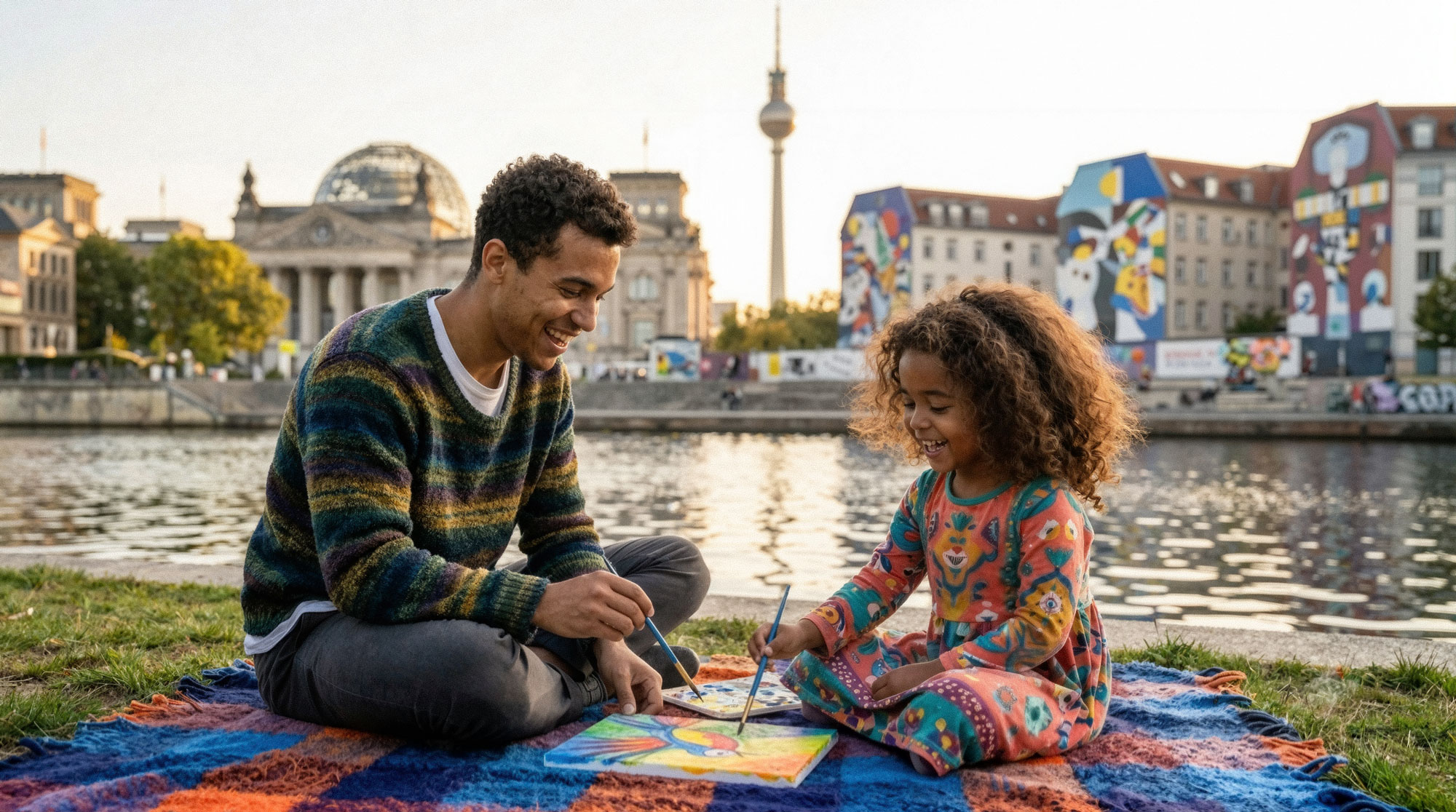 Manny von manny+nanny malt mit einem Kind am Spreeufer in Berlin. Individuelle Kinderbetreuung mit kreativer Förderung, Vertrauen und gemeinsamer Zeit im Alltag.