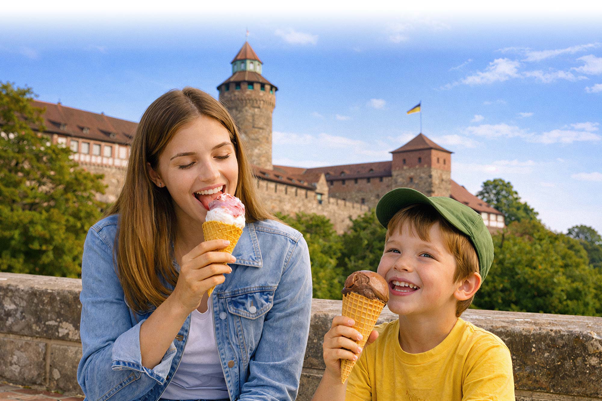 Babysitterin und Junge essen Eis an der Kaiserburg in Nürnberg, Kinderbetreuung in Nürnberg.