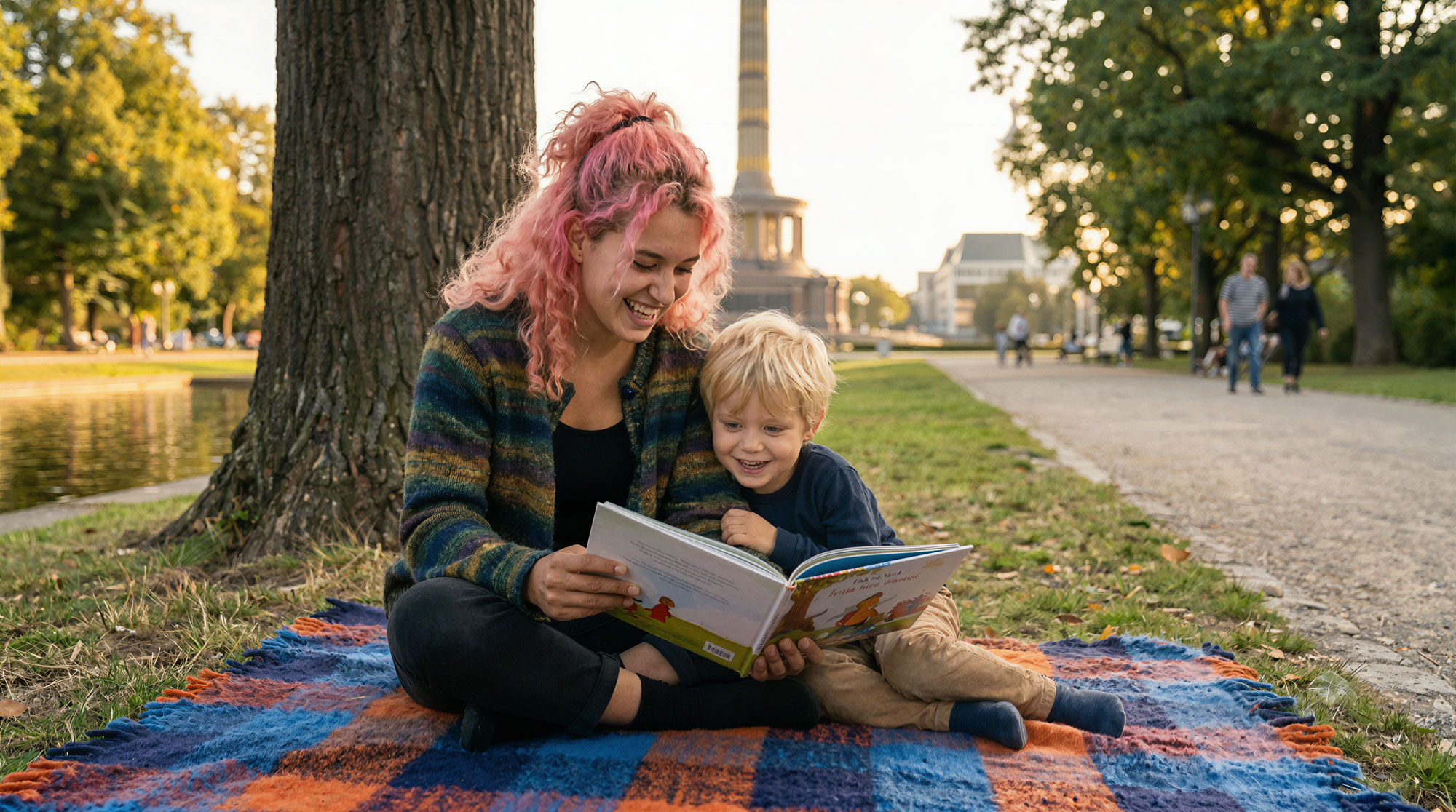 Babysitter von manny+nanny liest einem Kleinkind auf einer Decke im Berliner Park ein Bilderbuch vor. Persönliche Kinderbetreuung, Vorlesen und verlässliche Begleitung für Familien.
