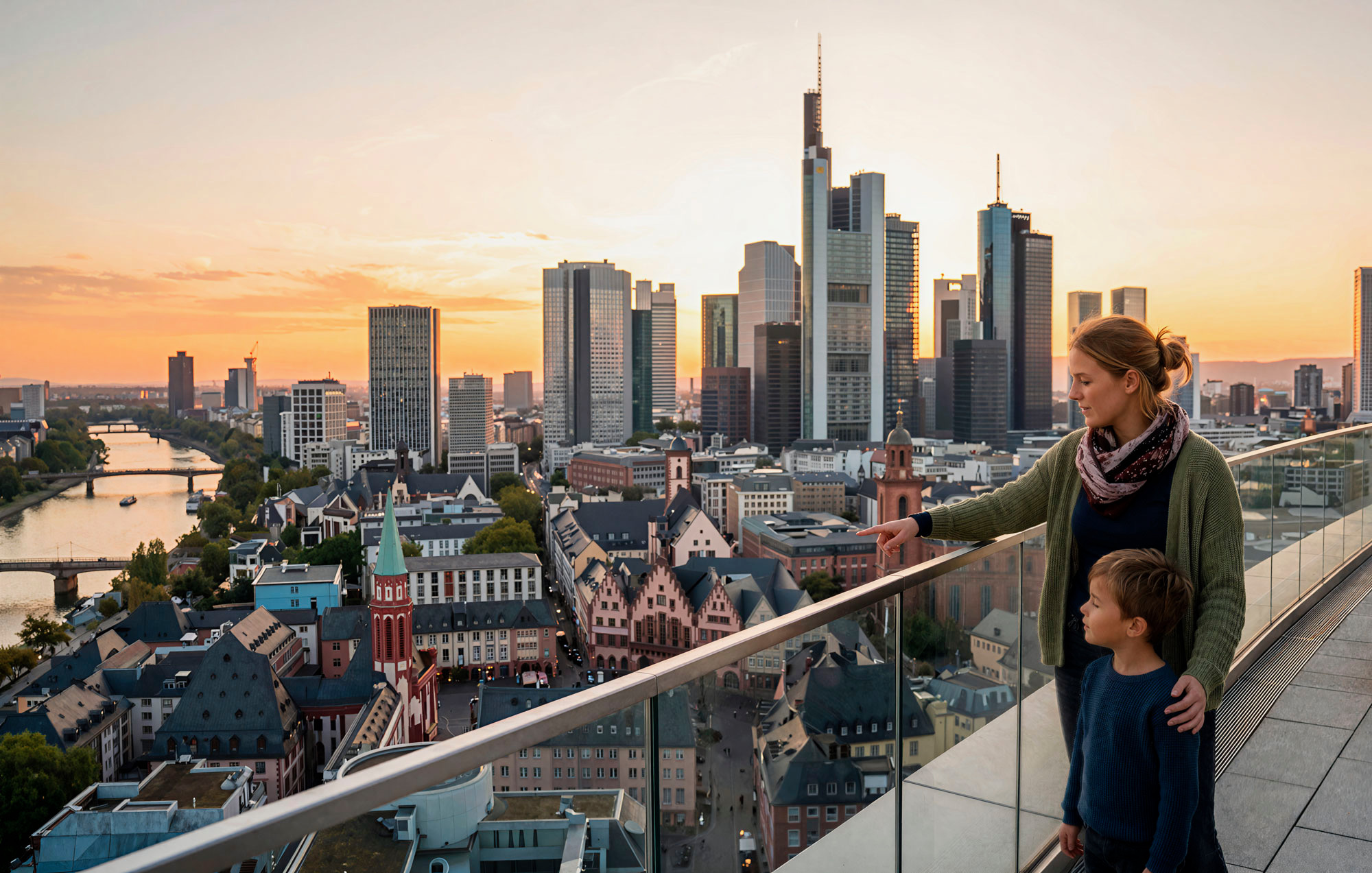 Eine Betreuungsperson steht mit einem Kind auf einer Dachterrasse über Frankfurt und zeigt auf die Stadt. Im Hintergrund sind die Skyline, der Main und die Altstadt im warmen Abendlicht zu sehen.