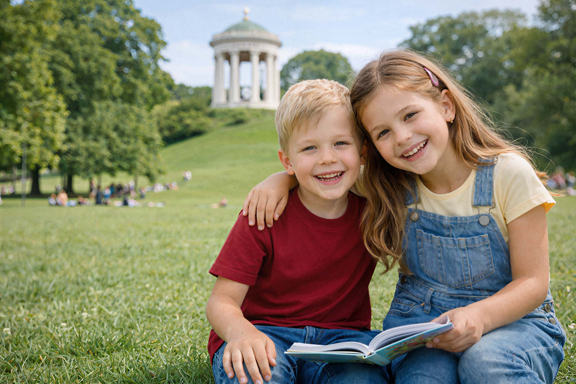 Zwei lachende Kinder im Englischen Garten. Kinderbetreuung und Babysitter in München.