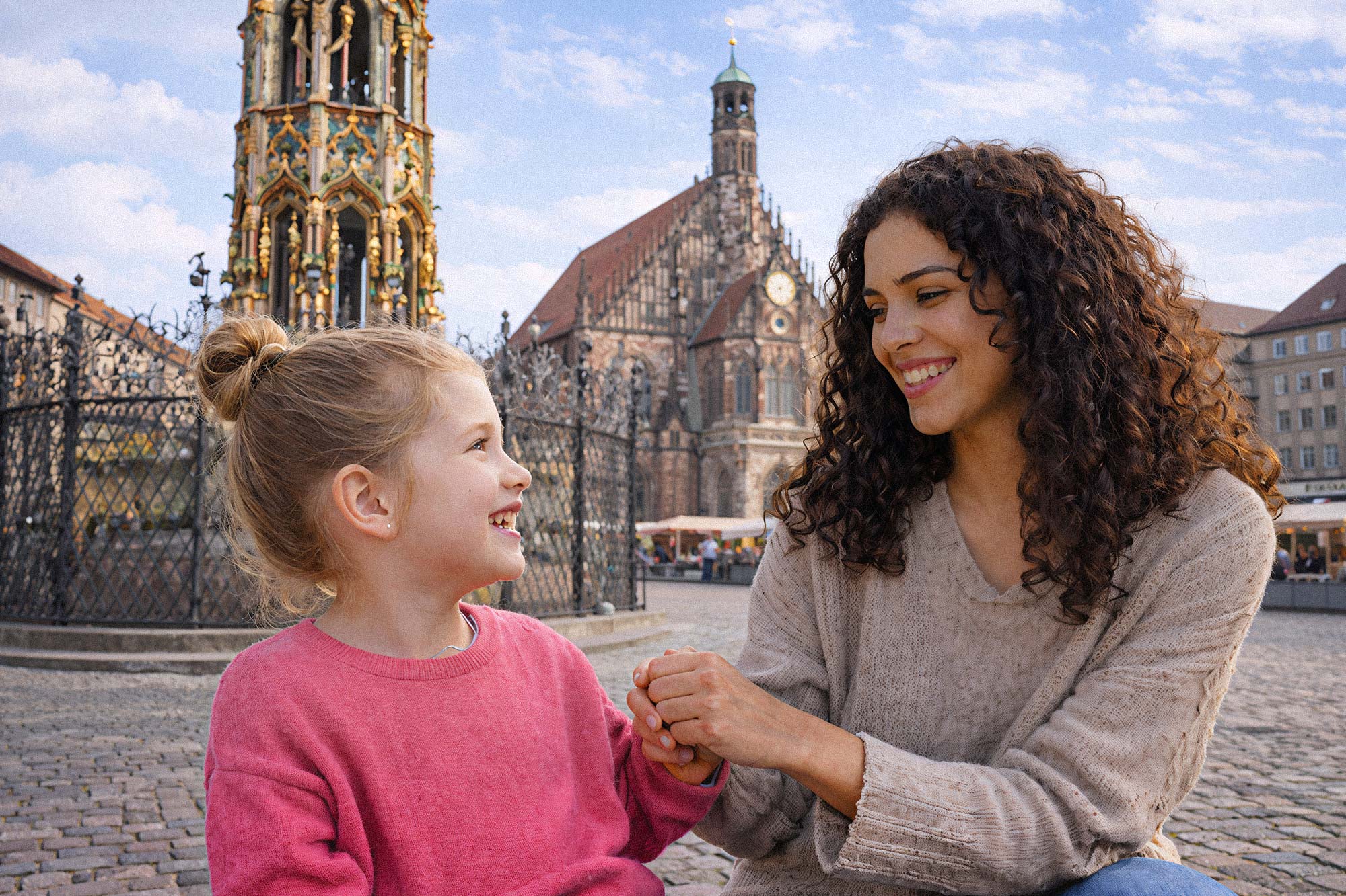 Babysitterin hält die Hand eines Kindes am Hauptmarkt in Nürnberg, liebevolle Kinderbetreuung.